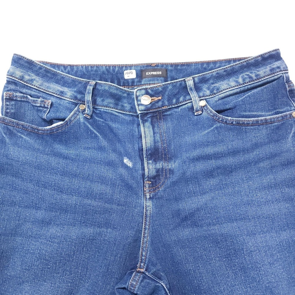 Express Jeans Womens 10 Blue Mid Rise Ankle Bootcut Distressed Denim 30x26
